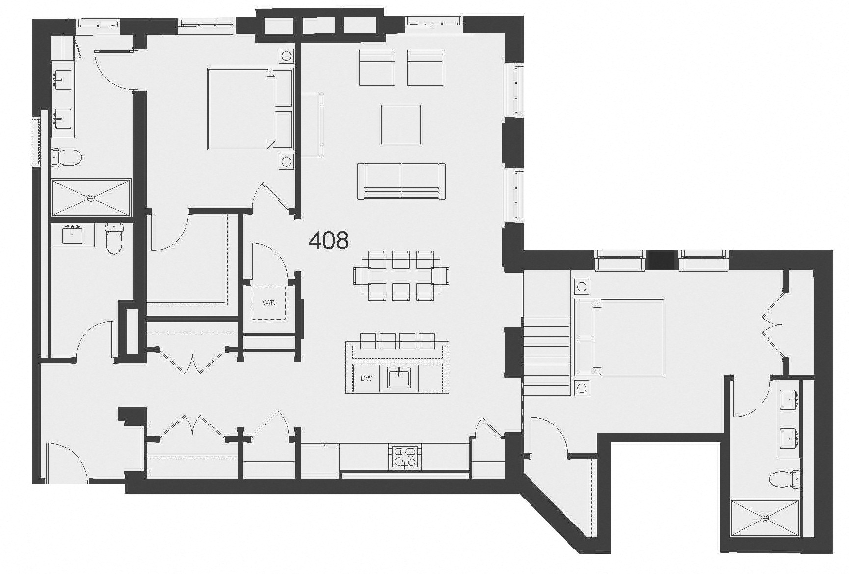 Floor plan for 2 beds, 2.5 baths, 1307 sqft